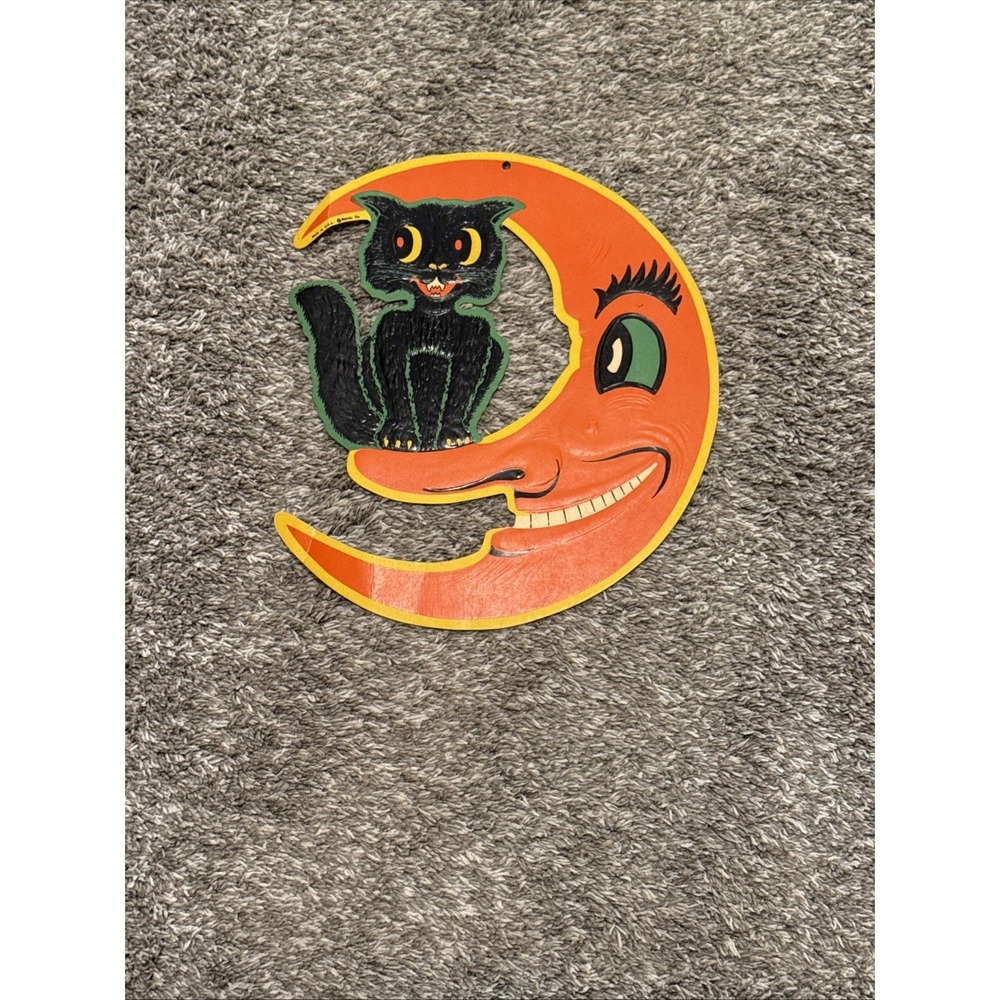 Vintage 1940s Luhrs Halloween Die Cut Black Cat Crescent Moon Hanging Decoration